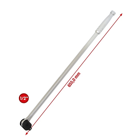 Eine silberne Knarre, mit einem roten Pfeil, der die Länge von 655,0 mm anzeigt. Eine rote Kreisscheibe mit der Aufschrift "1/2".